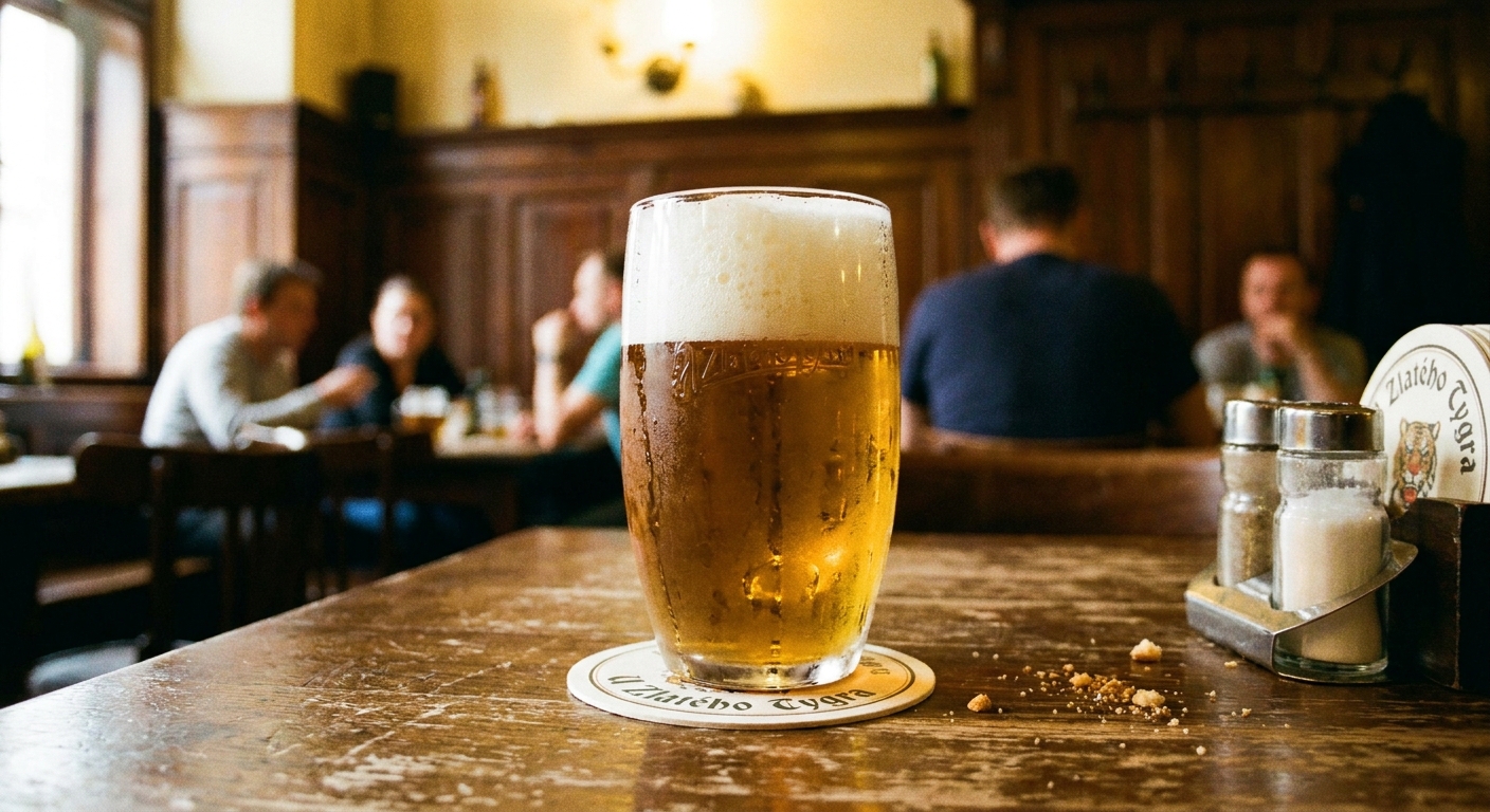 Sklenice čepovaného piva s bohatou pěnou na tácku na dřevěném stole v tradiční pivnici s lidmi v pozadí.