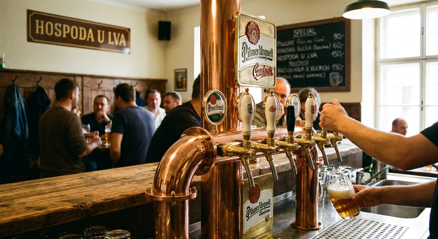 Měděný výčepní stojan v tradiční hospodě, ze kterého výčepní čepuje pivo do sklenice.