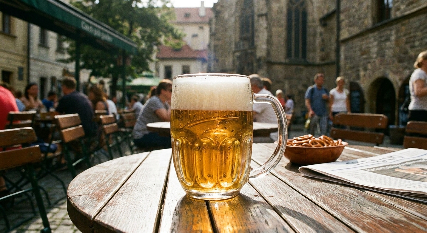 Sklenice čepovaného piva s bohatou pěnou na dřevěném stole na venkovní zahrádce.