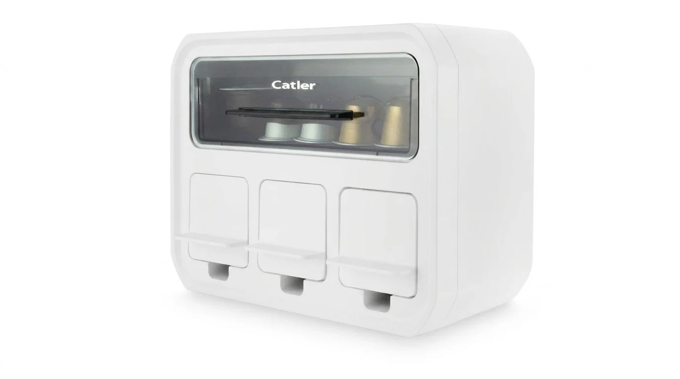 Biely úložný box Catler Storage box ESW na kávové kapsuly s hornou priehľadnou komorou a tromi spodnými zásuvkami.