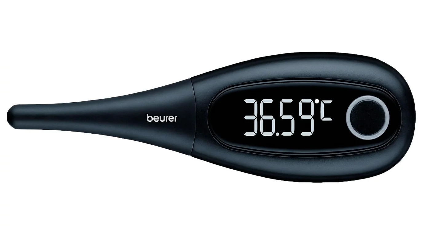 Čierny ovulačný teplomer Beurer OT 30 s digitálnym displejom zobrazujúcim hodnotu 36,59 °C.