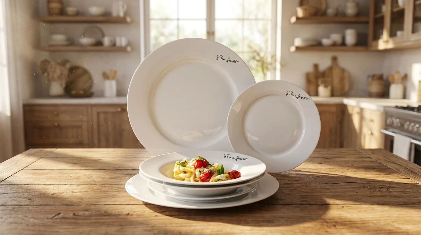 Bílá porcelánová sada talířů Lamart na dřevěném stole v kuchyni s těstovinami v hlubokém talíři.