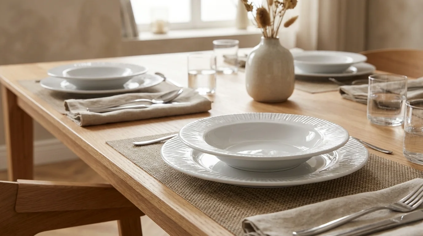 Bílé porcelánové talíře Lamart Fancy na prostřeném dřevěném jídelním stole s příbory a sklenicemi.