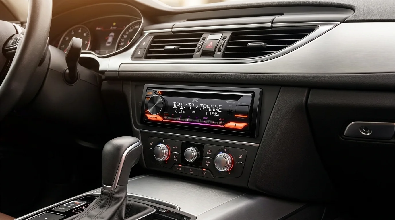 Autorádio JVC KD-DB922BT s podsvieteným displejom zabudované v palubnej doske automobilu.