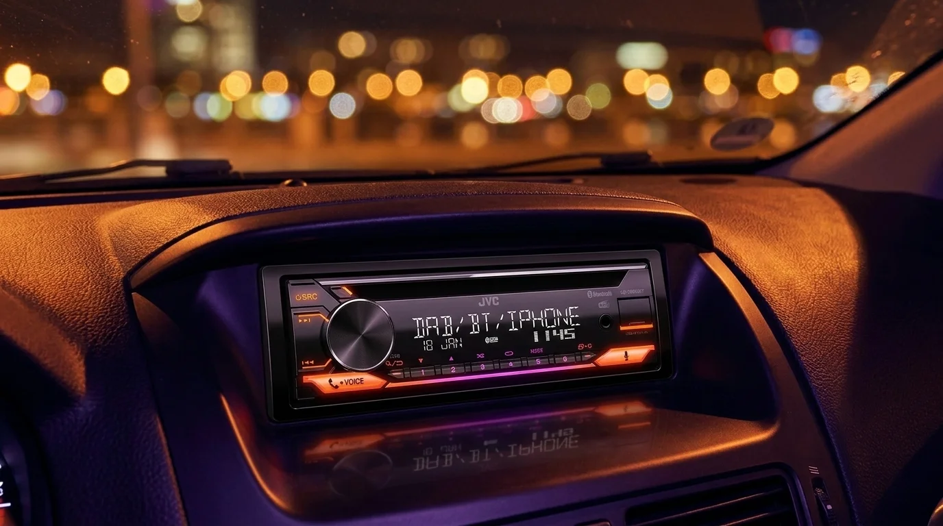 Autorádio JVC KD-DB922BT zabudované v palubnej doske automobilu s podsvieteným displejom a tlačidlami.