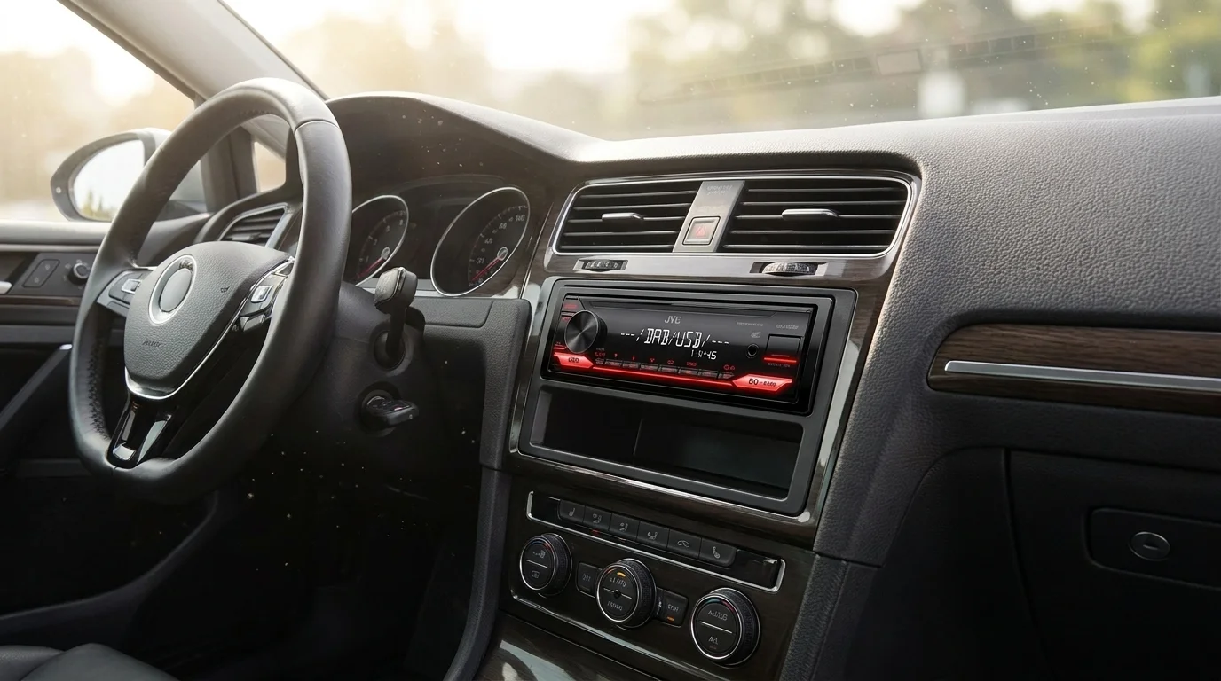 Autorádio JVC KD-X182DB s červeným podsvietením tlačidiel zabudované v palubnej doske automobilu.