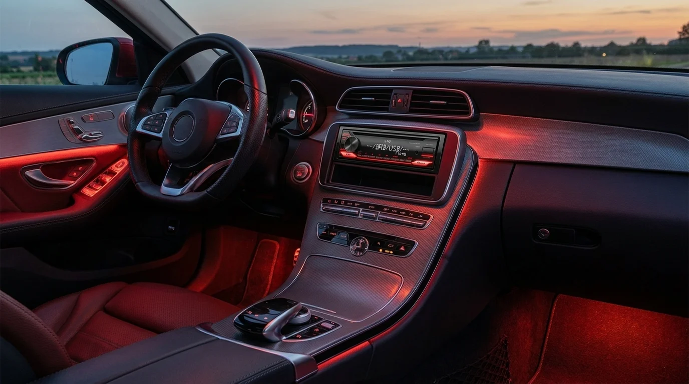Autorádio JVC KD-X182DB s červeným podsvietením tlačidiel zabudované v palubnej doske automobilu.