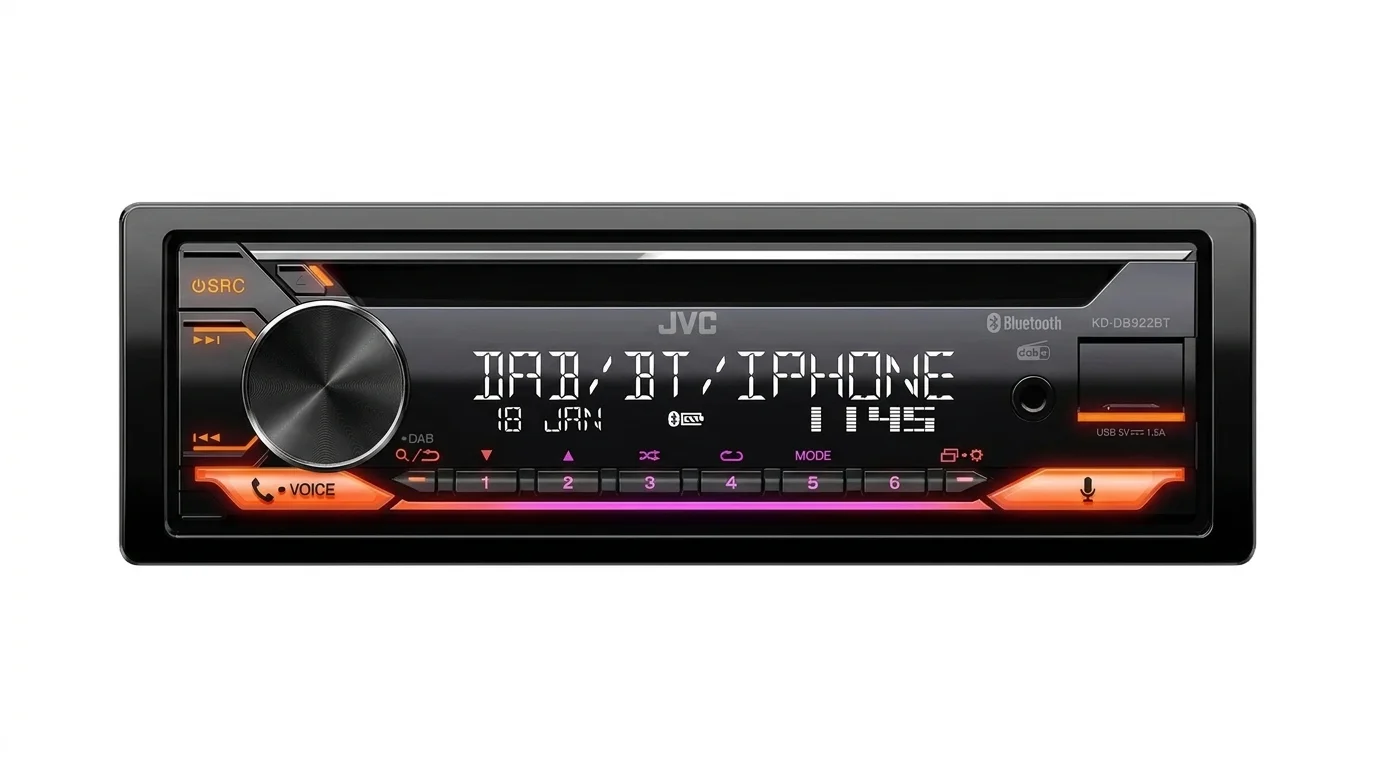 Autorádio JVC KD-DB922BT s digitálnym displejom, CD mechanikou a farebne podsvietenými ovládacími tlačidlami.
