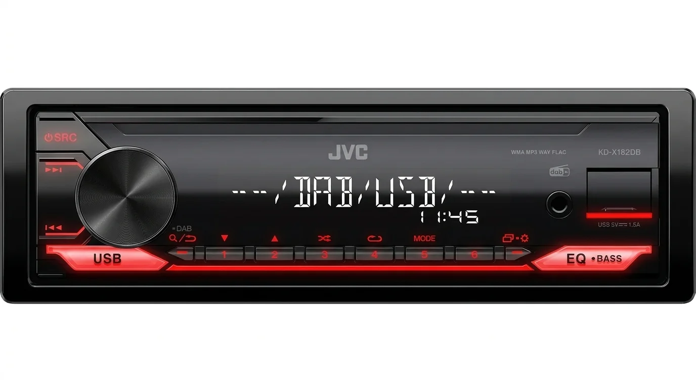 Autorádio JVC KD-X182DB s prehľadným displejom, otočným ovládačom a červeným podsvietením tlačidiel.
