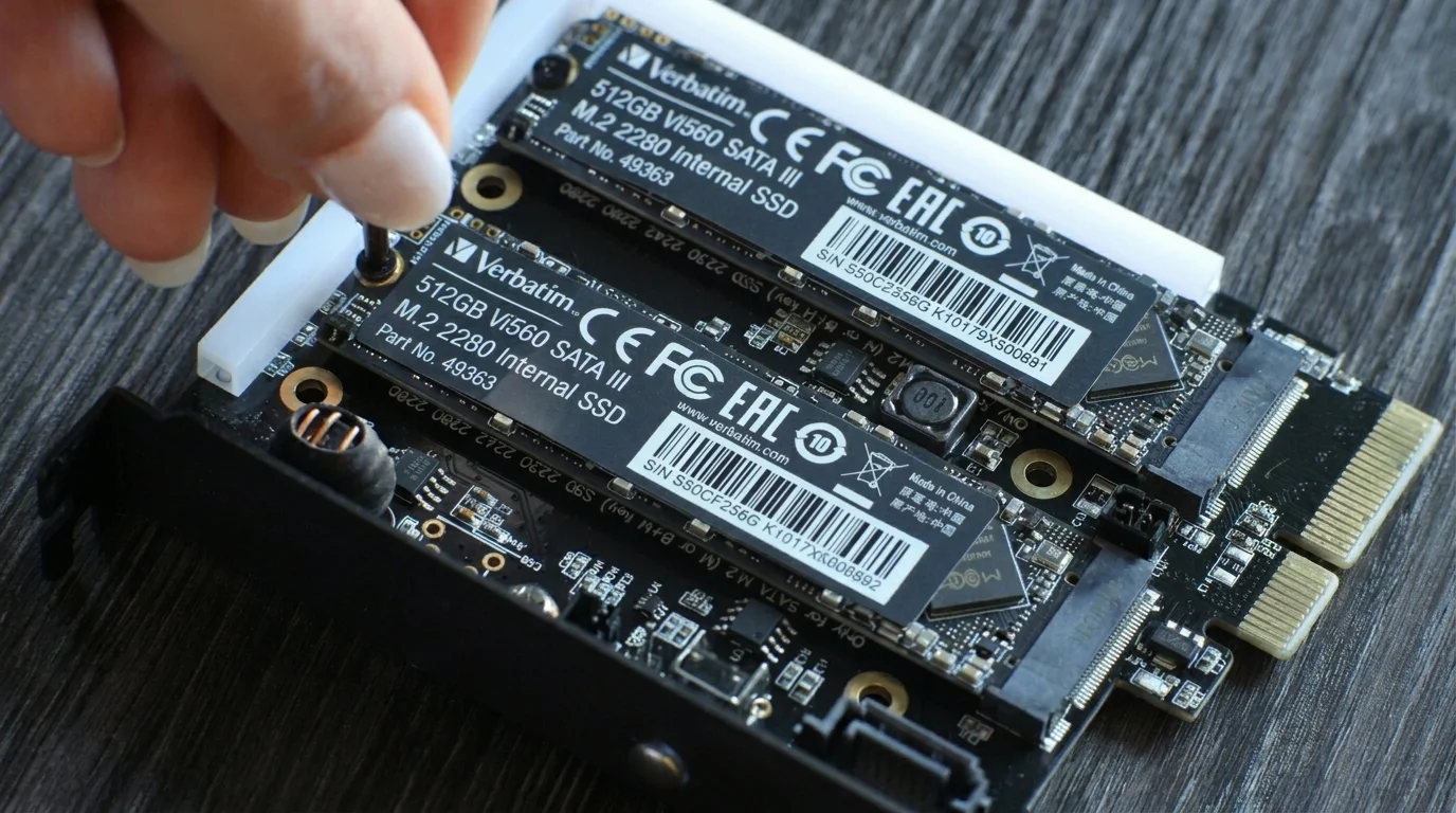 Ruka instaluje interní SSD disk Verbatim Vi560 M.2 do adaptéru.