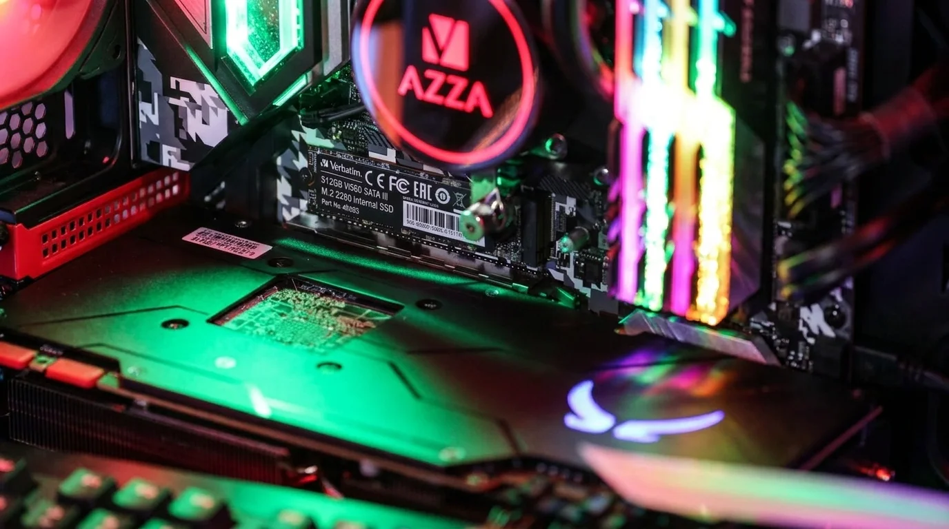 Interní SSD disk Verbatim M.2 nainstalovaný na základní desce počítače s barevným RGB osvětlením.