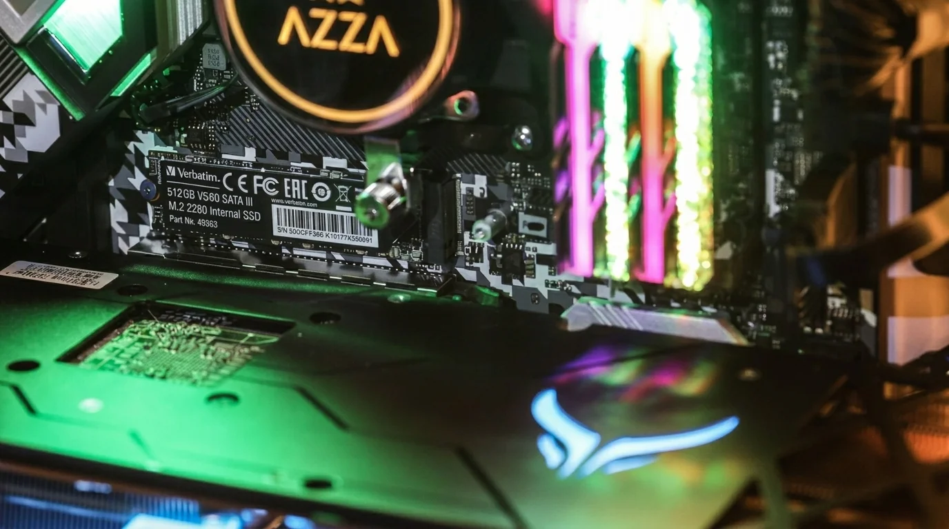 Interní SSD disk Verbatim Vi560 M.2 zapojený v základní desce s barevným RGB podsvícením.