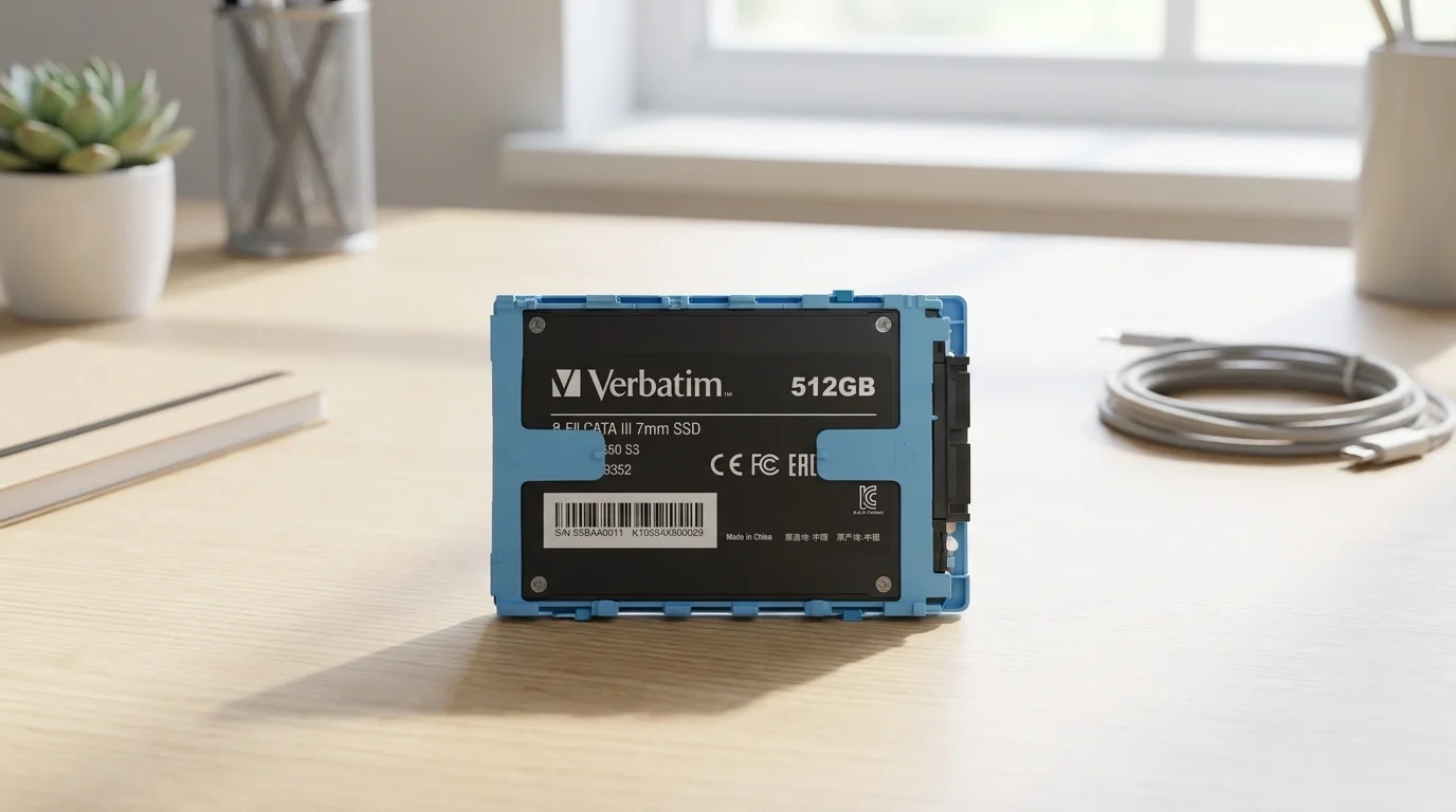 Interní SSD disk Verbatim Vi550 512GB v modrém plastovém rámečku stojí na světlém dřevěném stole.