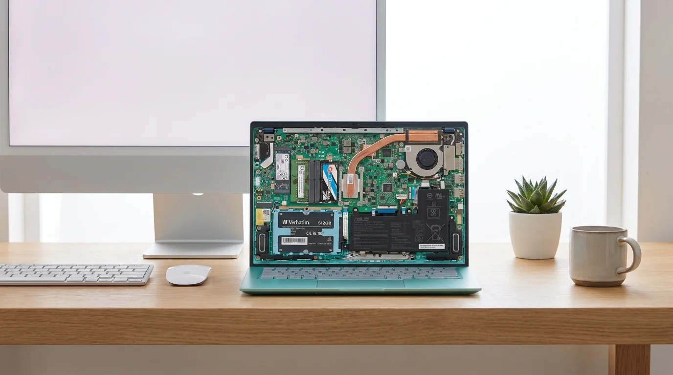 Otevřený notebook s odhalenými vnitřními komponenty a nainstalovaným SSD diskem Verbatim 512GB na dřevěném stole vedle monitoru a hrnku.
