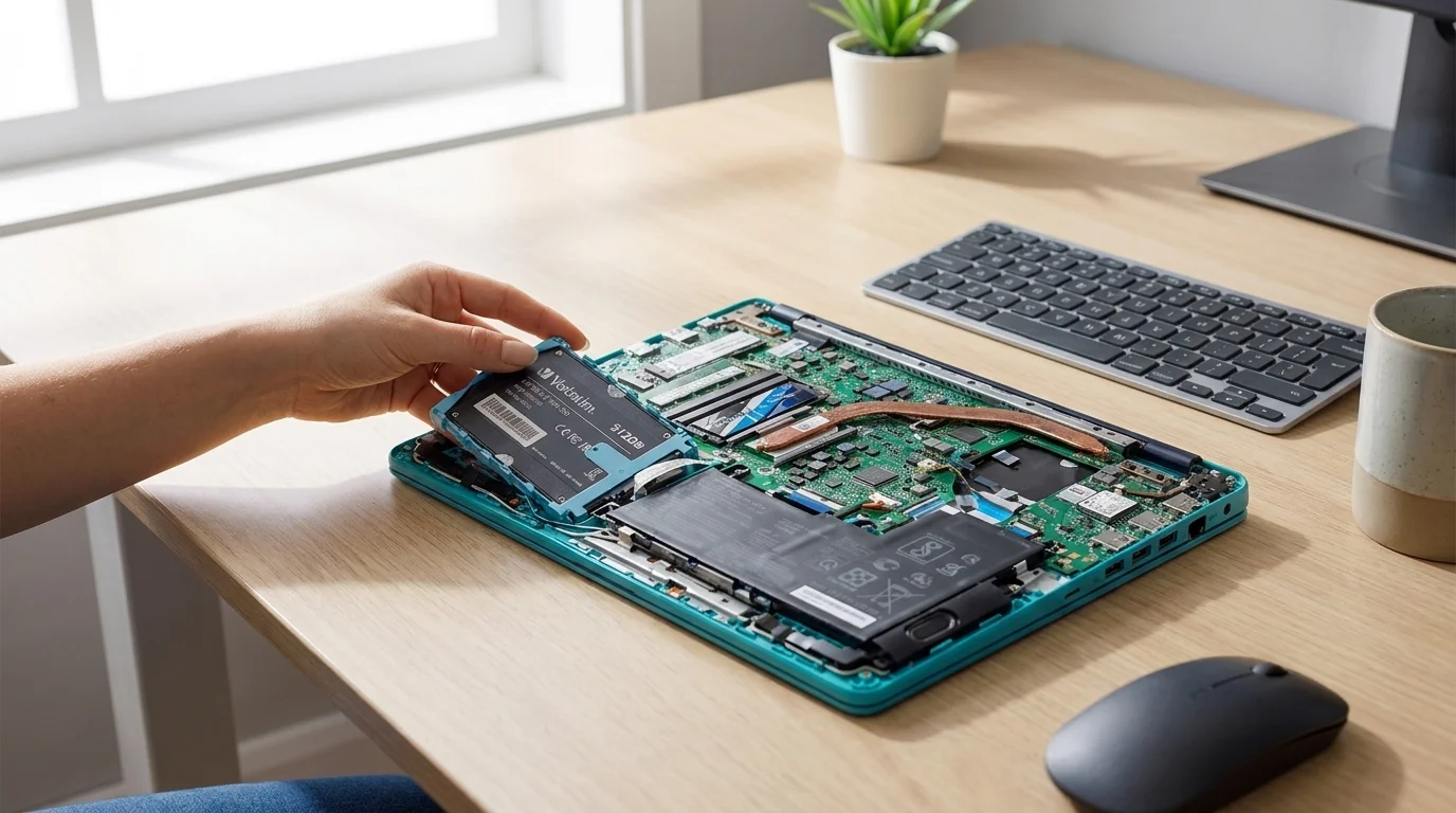 Ruka instaluje interní SSD disk Verbatim Vi550 do otevřeného notebooku na dřevěném stole.