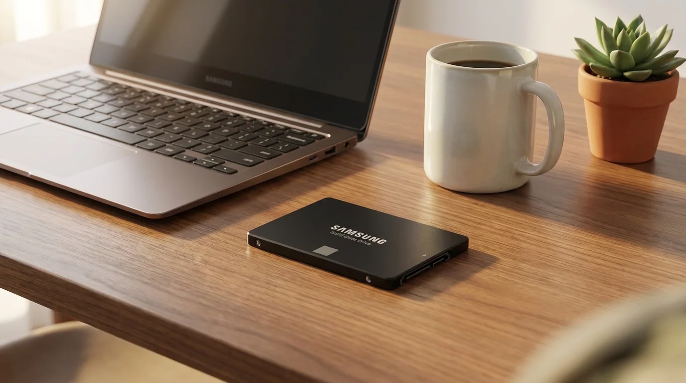 Černý SSD disk Samsung leží na dřevěném stole vedle otevřeného notebooku, bílého hrnku a malého sukulentu v květináči.