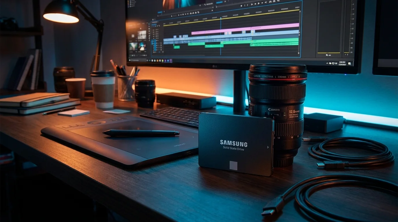 SSD disk Samsung na pracovním stole vedle grafického tabletu a objektivu před monitorem se spuštěným programem na střih videa.