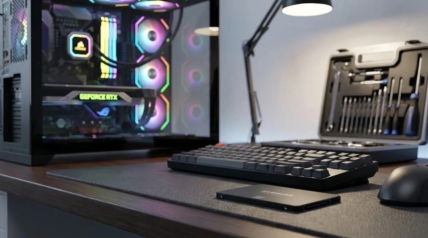 SSD disk Samsung ležící na podložce na stole před klávesnicí, s herním počítačem s RGB osvětlením a kufříkem s nářadím v pozadí.