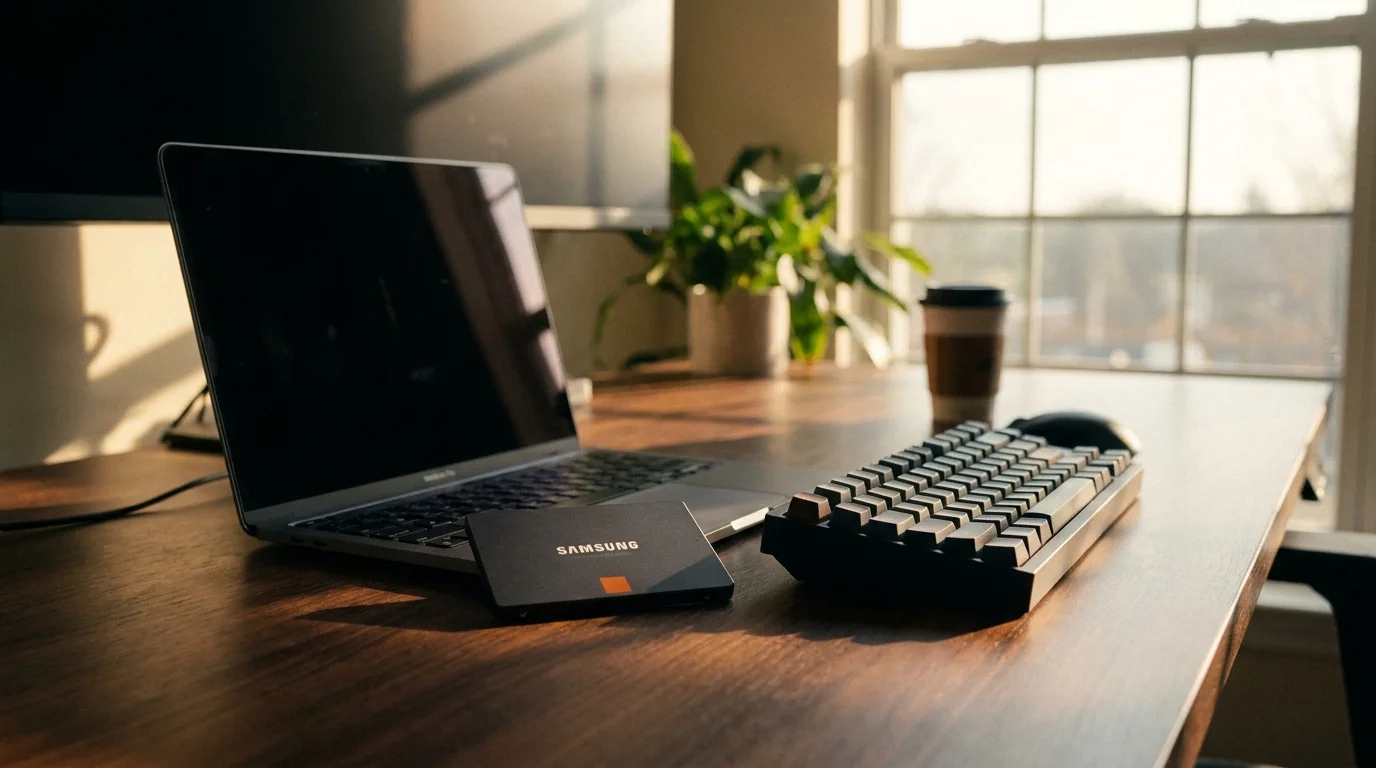 Černý SSD disk Samsung položený na dřevěném stole vedle otevřeného notebooku a mechanické klávesnice.