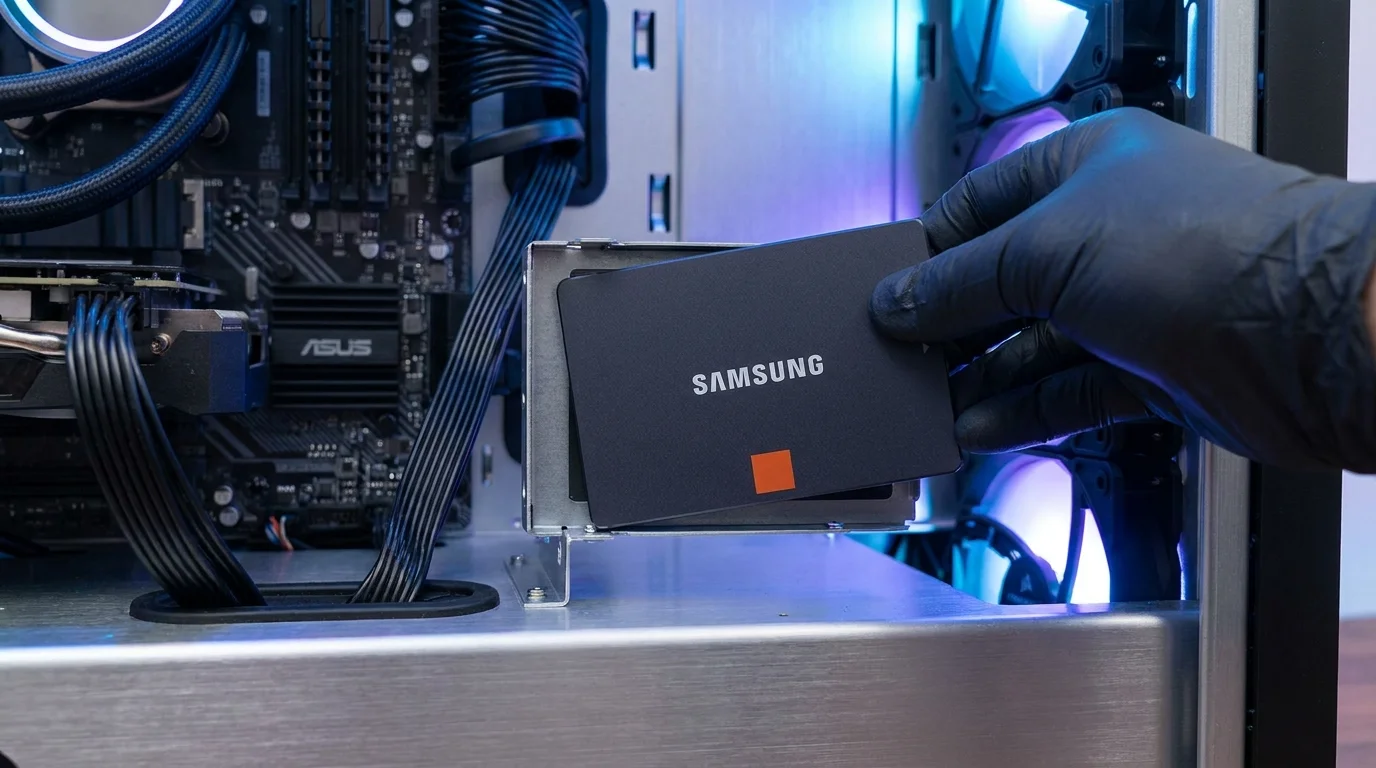 Ruka v černé rukavici vkládá interní SSD disk Samsung do kovového držáku uvnitř počítačové skříně s modrým podsvícením.