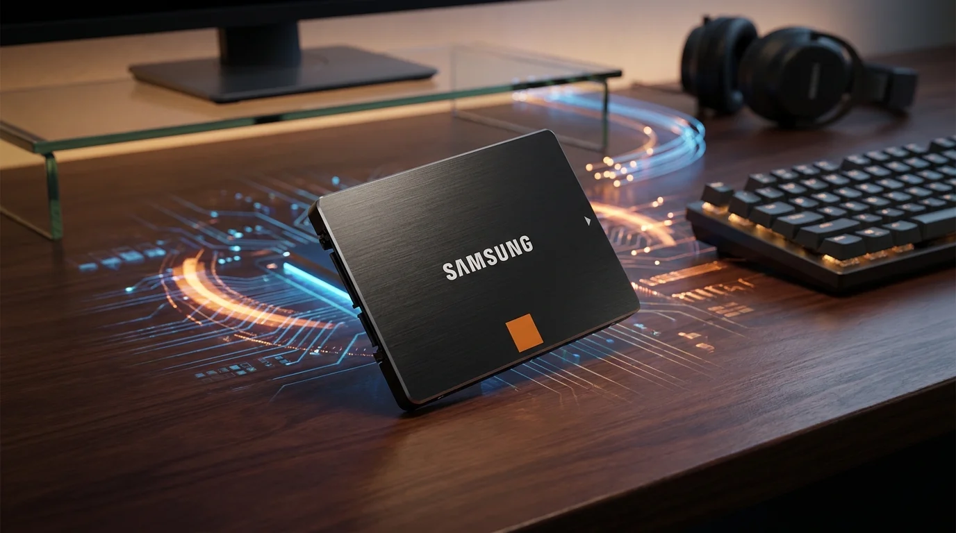 Černý interní SSD Samsung s logem a oranžovým čtverečkem na dřevěném stole s digitálními světelnými efekty.