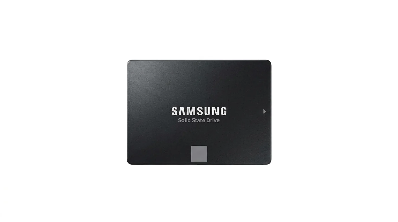 Černý interní SSD disk Samsung s bílým nápisem SAMSUNG Solid State Drive na bílém pozadí.