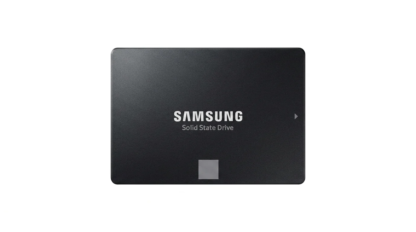 Černý interní SSD disk Samsung s bílým logem SAMSUNG a nápisem Solid State Drive.