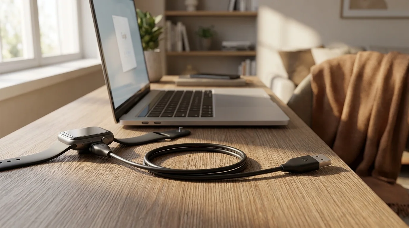 Černý nabíjecí USB kabel připojený k hodinkám na dřevěném stole vedle otevřeného notebooku.