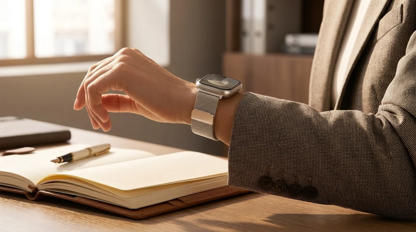 Hvězdně bílý řemínek Epico Milanese+ na hodinkách Apple Watch na zápěstí osoby v saku u pracovního stolu.