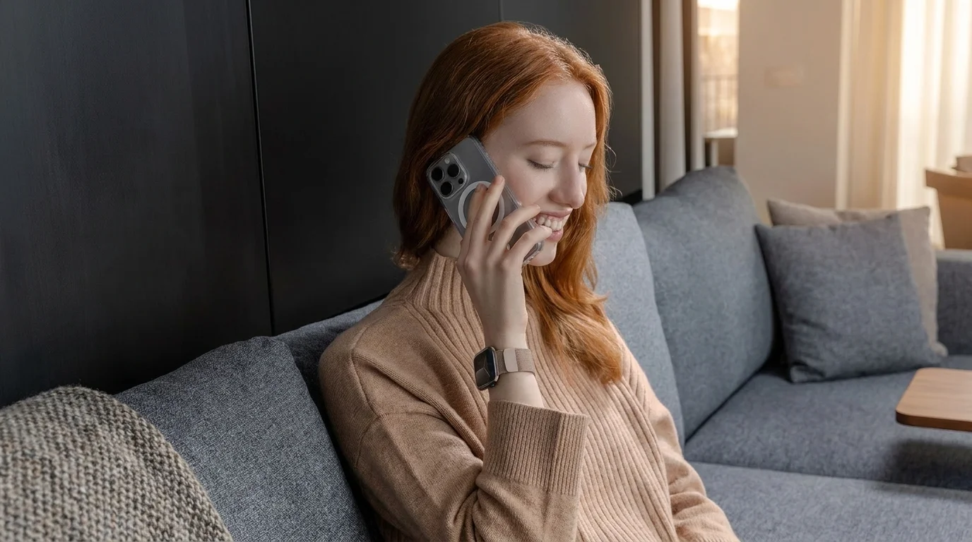 Žena telefonuje na pohovce a na ruce má Apple Watch s hvězdně bílým řemínkem Epico Milanese+.