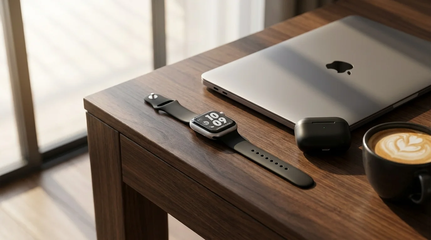 Černý silikonový řemínek Swissten na hodinkách Apple Watch položených na dřevěném stole vedle notebooku a šálku kávy.