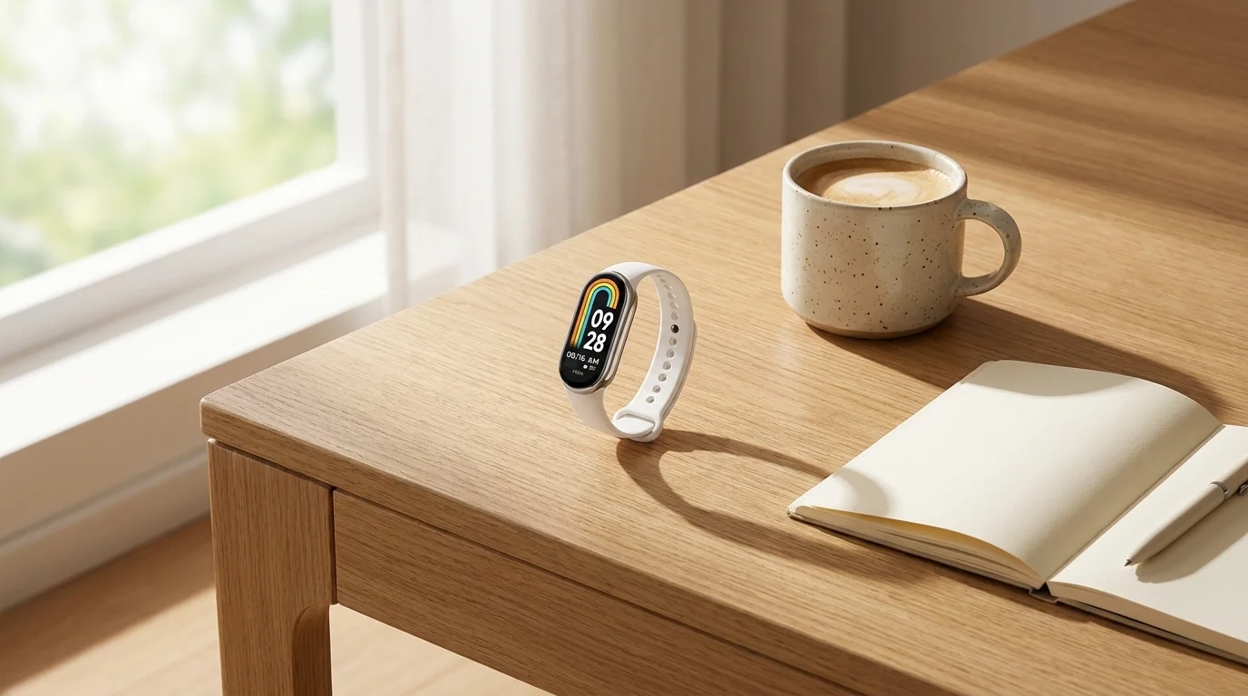 Bílý silikonový řemínek FIXED na náramku Xiaomi Smart Band na dřevěném stole vedle hrnku s kávou a otevřeného zápisníku.