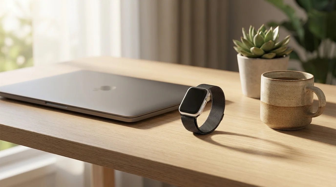 Hodinky Apple Watch s černým síťovaným řemínkem FIXED Mesh Strap na dřevěném stole vedle zavřeného notebooku.