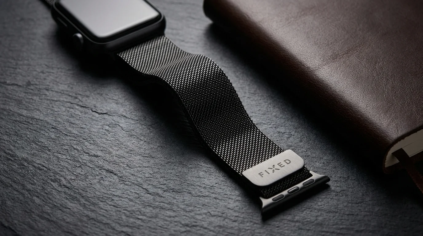 Černý nerezový řemínek FIXED Mesh Strap připevněný k hodinkám Apple Watch na tmavém kamenném povrchu vedle zápisníku.
