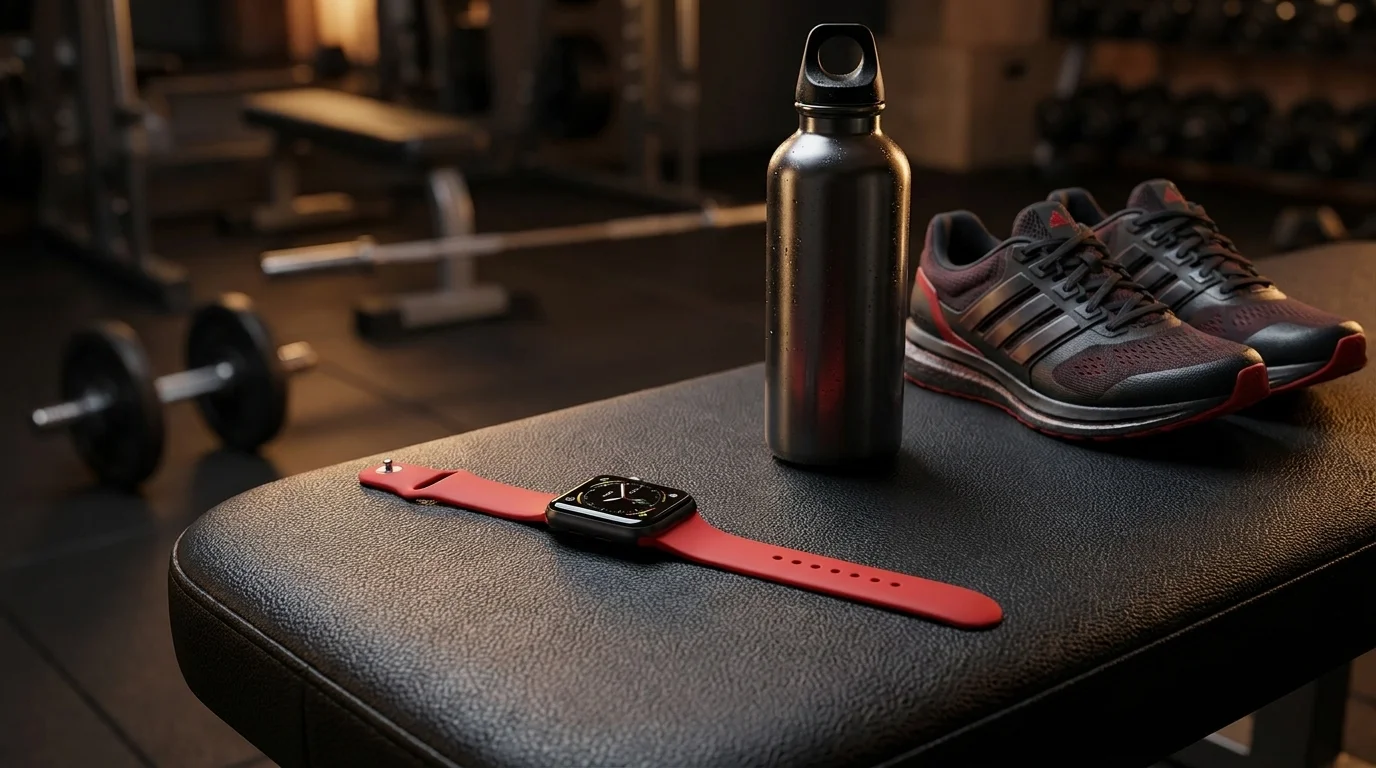 Hodinky Apple Watch s červeným silikonovým řemínkem na cvičební lavici v posilovně vedle láhve na pití a tenisek.