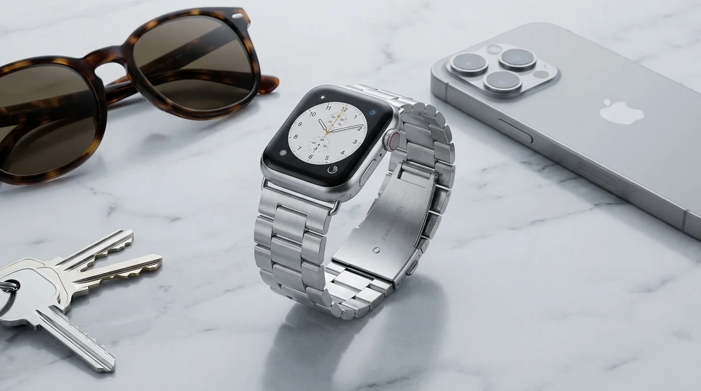 Stříbrný ocelový řemínek Swissten na Apple Watch položený na mramorové desce vedle slunečních brýlí, telefonu a klíčů.