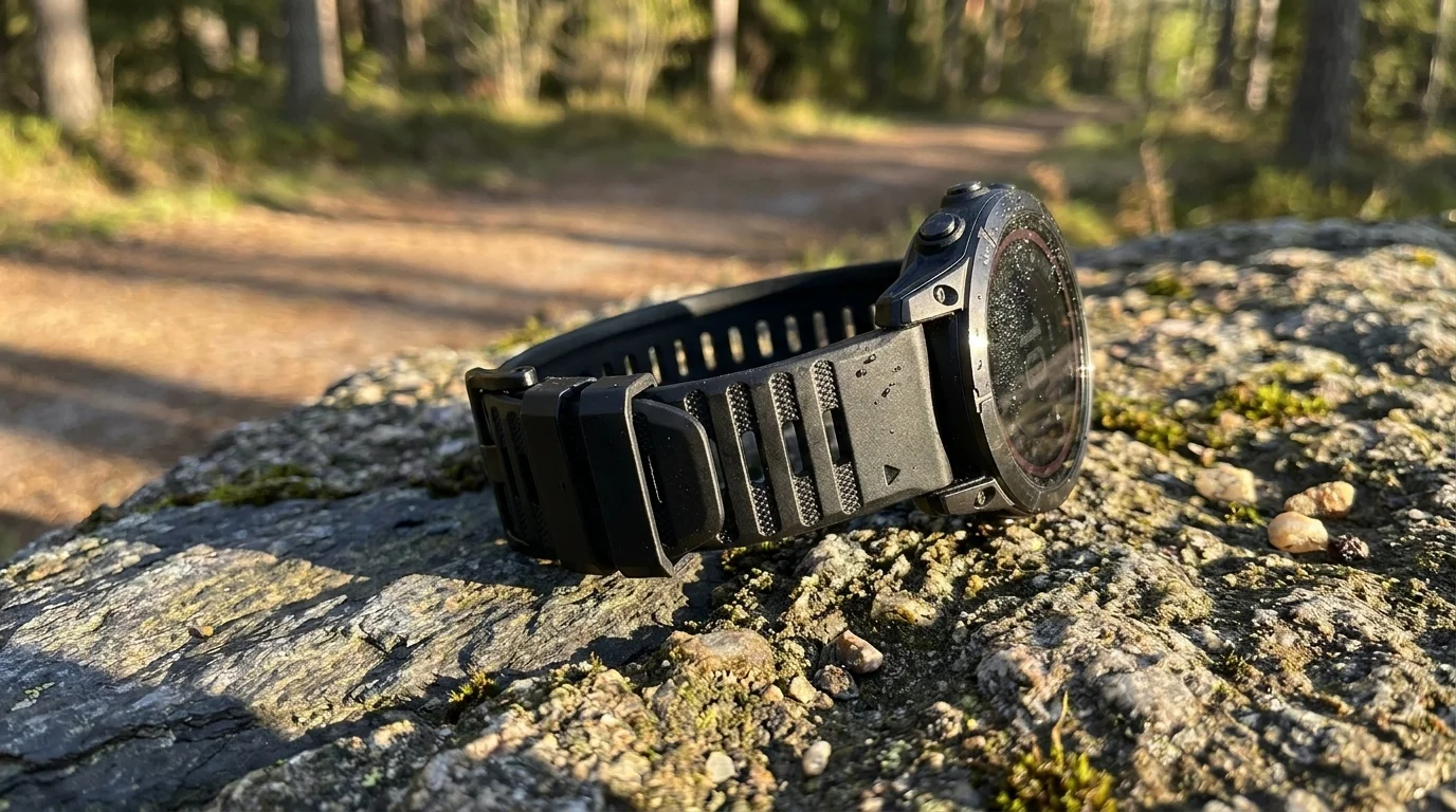 Černý silikonový řemínek FIXED nasazený na hodinkách Garmin položených na mechem porostlém kameni v přírodě.