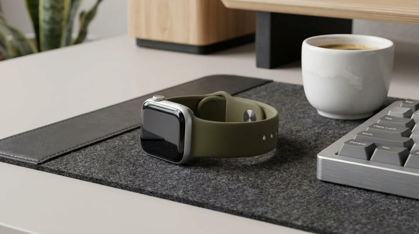 Hodinky Apple Watch s olivovým silikonovým řemínkem FIXED položené na plstěné podložce na pracovním stole.