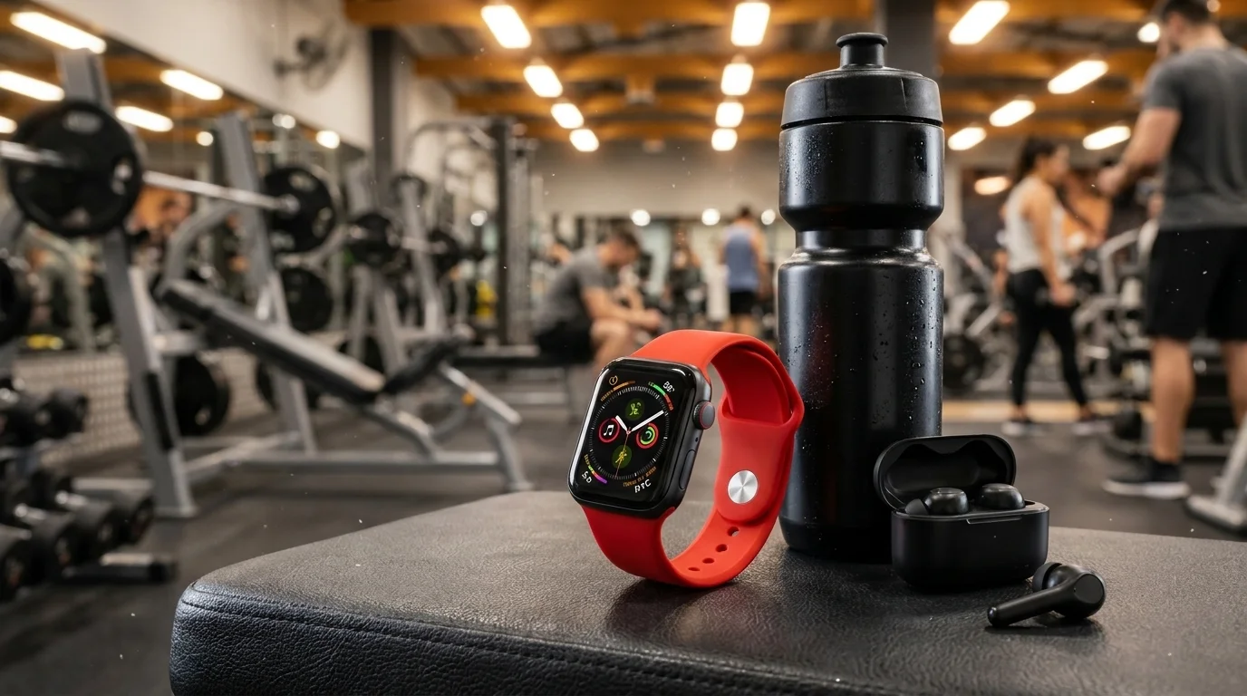 Hodinky Apple Watch s červeným silikonovým řemínkem FIXED vedle černé sportovní láhve a bezdrátových sluchátek v posilovně.