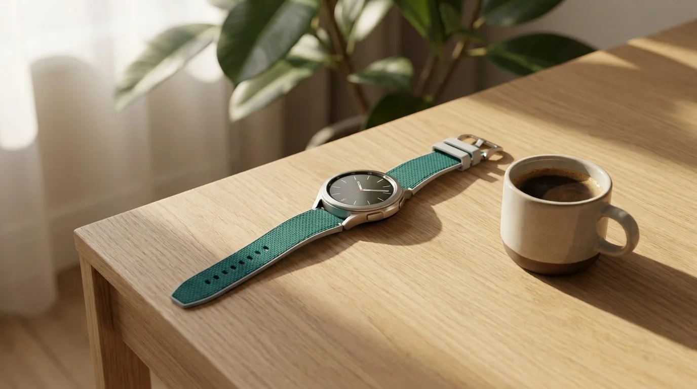 Chytré hodinky se zeleným textilním řemínkem Samsung Tide Band položené na dřevěném stole vedle šálku kávy.