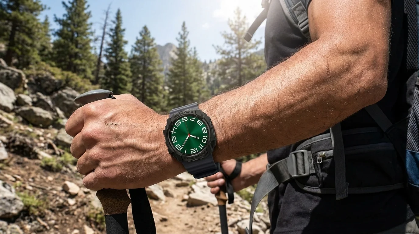 Hodinky se zeleným ciferníkem v černém pouzdře Spigen Rugged Armor na ruce turisty s trekovými holemi.