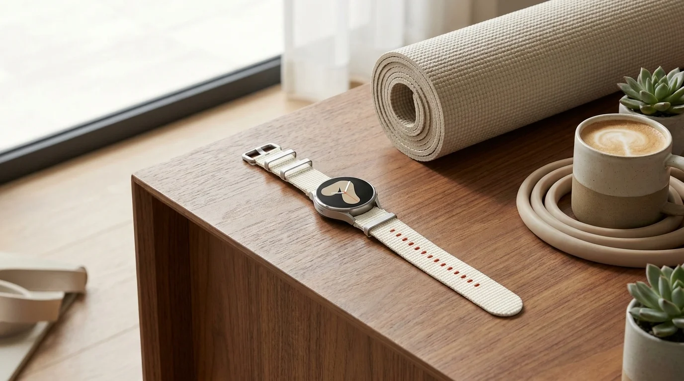 Hodinky Samsung Galaxy Watch7 se stříbrným řemínkem Athleisure ležící na dřevěném stolku vedle cvičební podložky a kávy.
