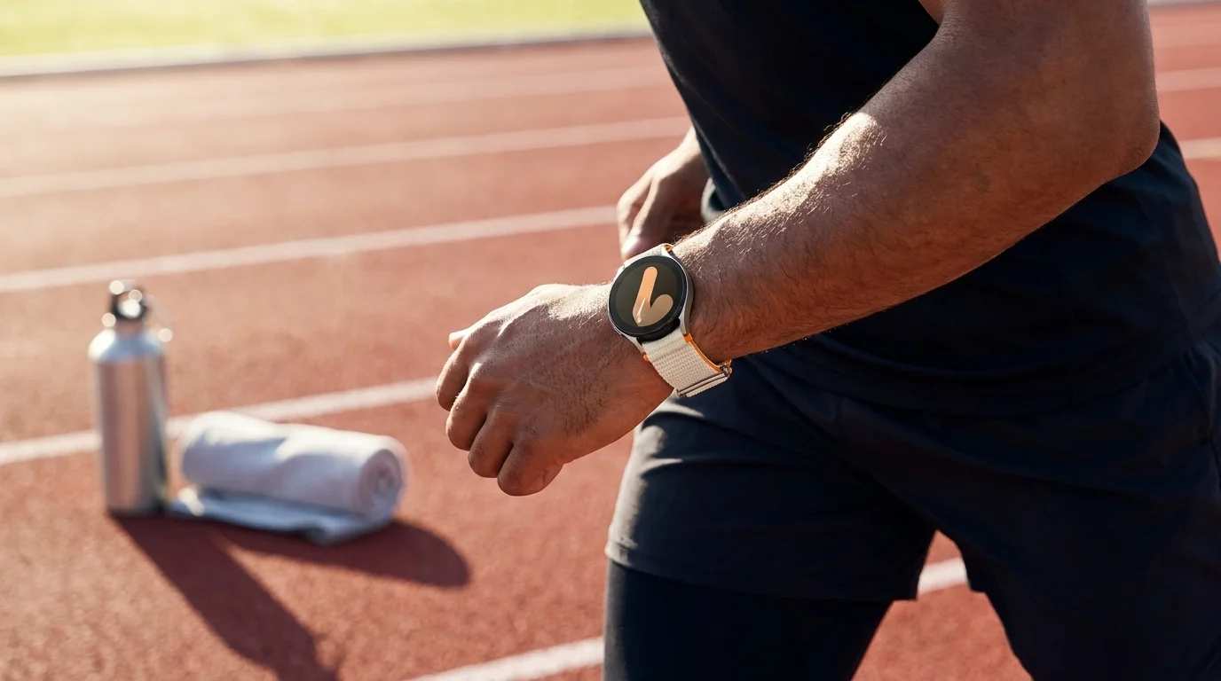 Běžec na atletickém oválu s hodinkami Samsung Galaxy Watch a stříbrným řemínkem Athleisure na zápěstí.