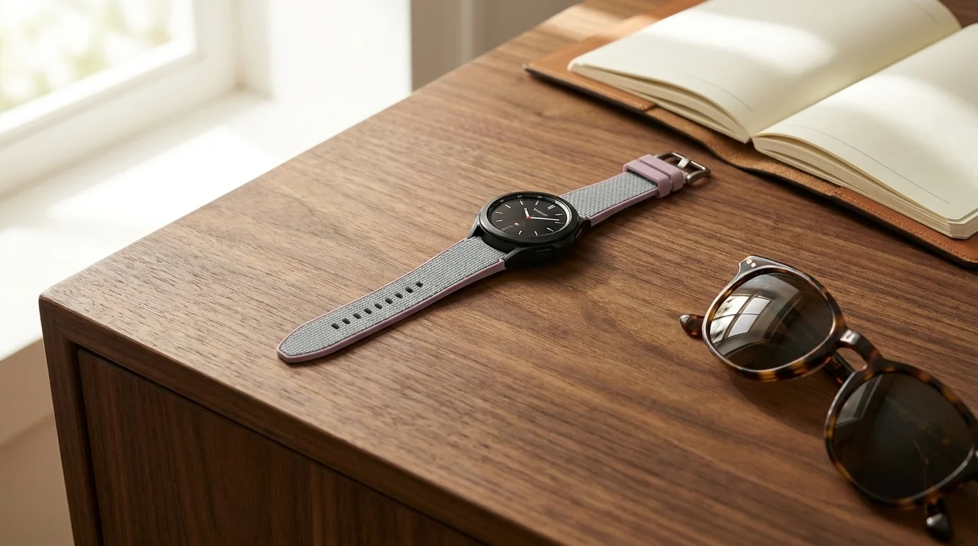 Hodinky Galaxy Watch s šedým textilním řemínkem Tide Band položené na dřevěném stole vedle slunečních brýlí a otevřeného zápisníku.