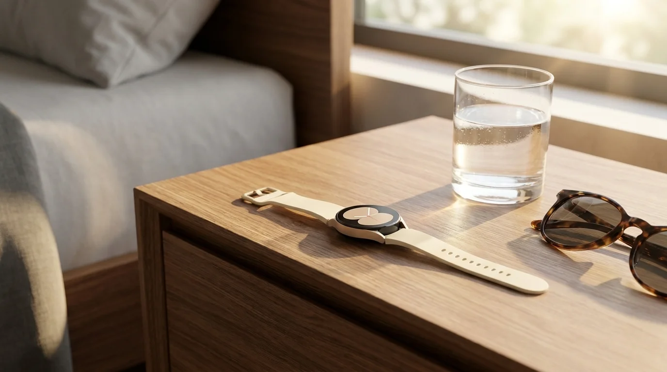 Béžový řemínek Samsung Sport Band na hodinkách Galaxy Watch4 na dřevěném nočním stolku vedle sklenice vody a slunečních brýlí.
