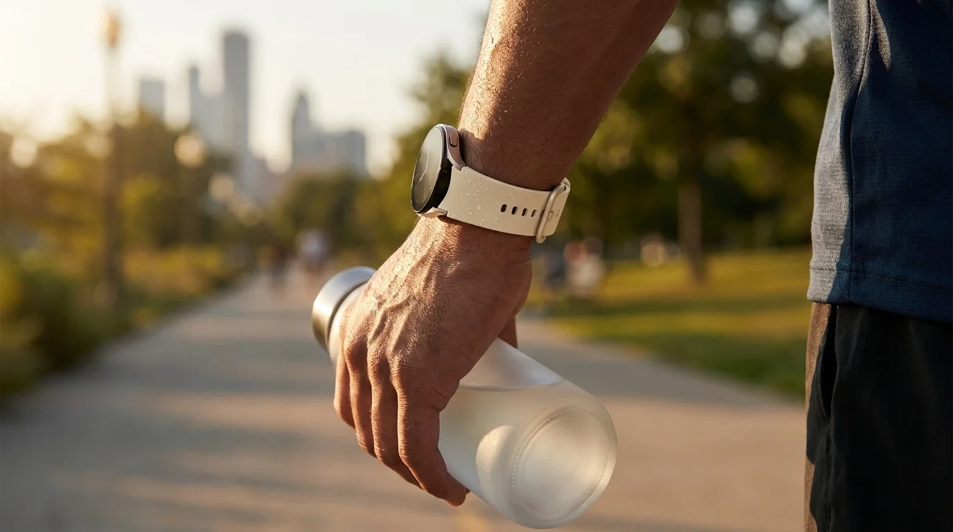 Béžový řemínek Samsung Sport Band na chytrých hodinkách na zápěstí sportovce držícího láhev s vodou.