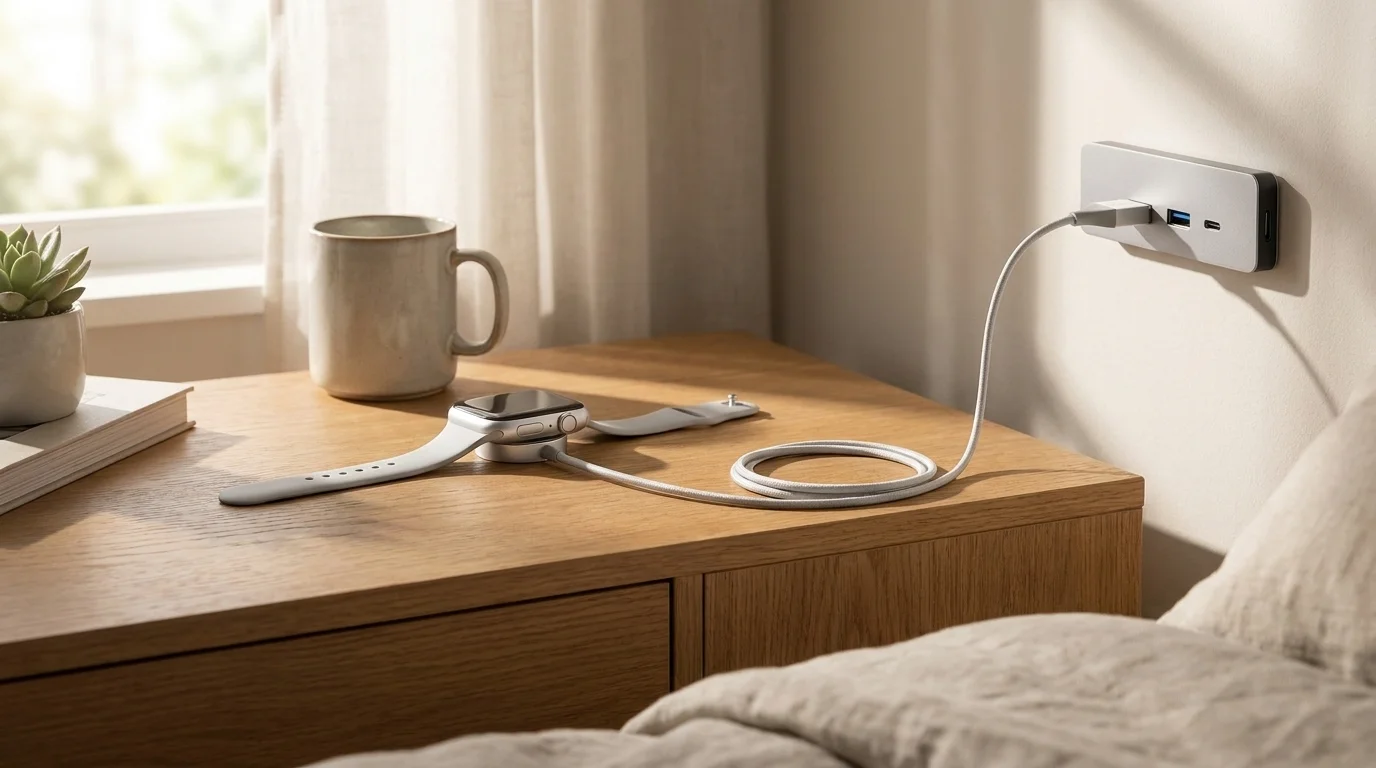 Nabíjecí kabel Epico zapojený do adaptéru ve zdi nabíjí Apple Watch položené na dřevěném stolku.