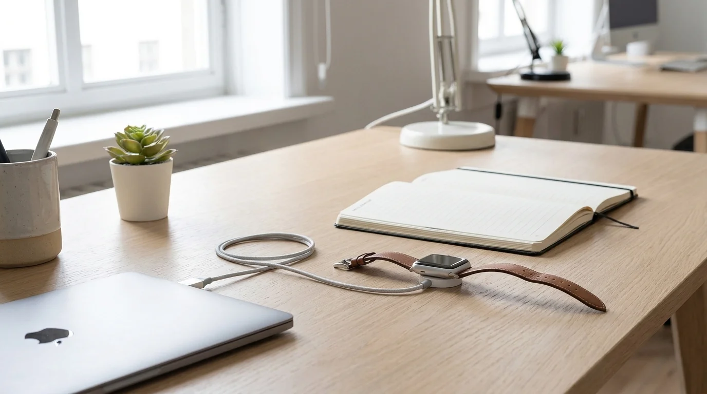 Nabíjecí kabel Epico pro Apple Watch zapojený do notebooku při nabíjení hodinek s hnědým řemínkem na pracovním stole.