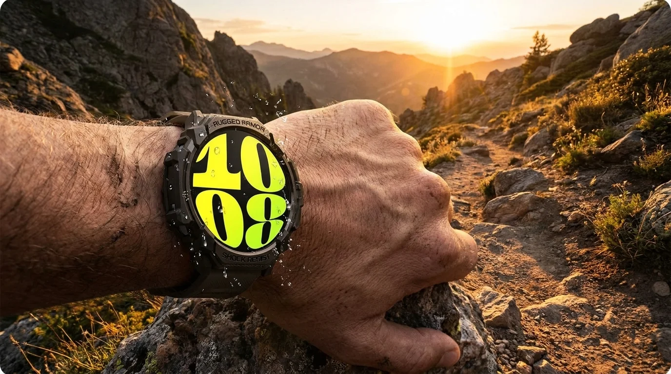 Hodinky Galaxy Watch v černém krytu Spigen Rugged Armor na ruce opřené o skálu v horské krajině při západu slunce.