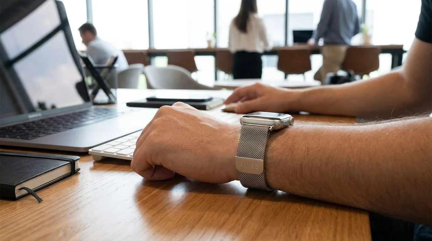 Stříbrný síťovaný řemínek FIXED Mesh Strap na hodinkách Apple Watch na zápěstí muže u pracovního stolu.